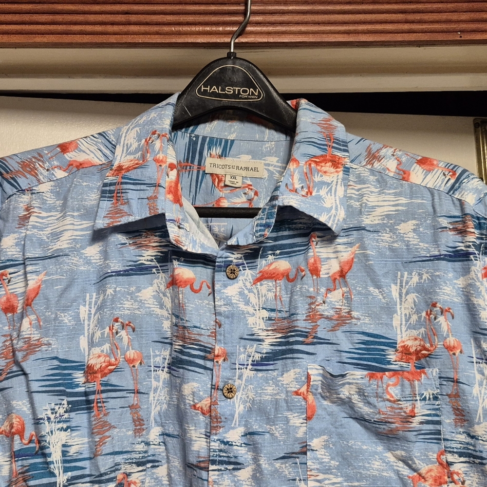Tricots St. Raphael Blue Flamingo Print Men's Hawaiian Shirt